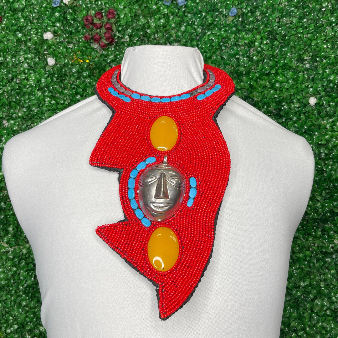 RED FINE BEAD COLLAR NECKLACE